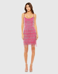 Pink Slim Strap Beaded Fringe Mini Slip Dress