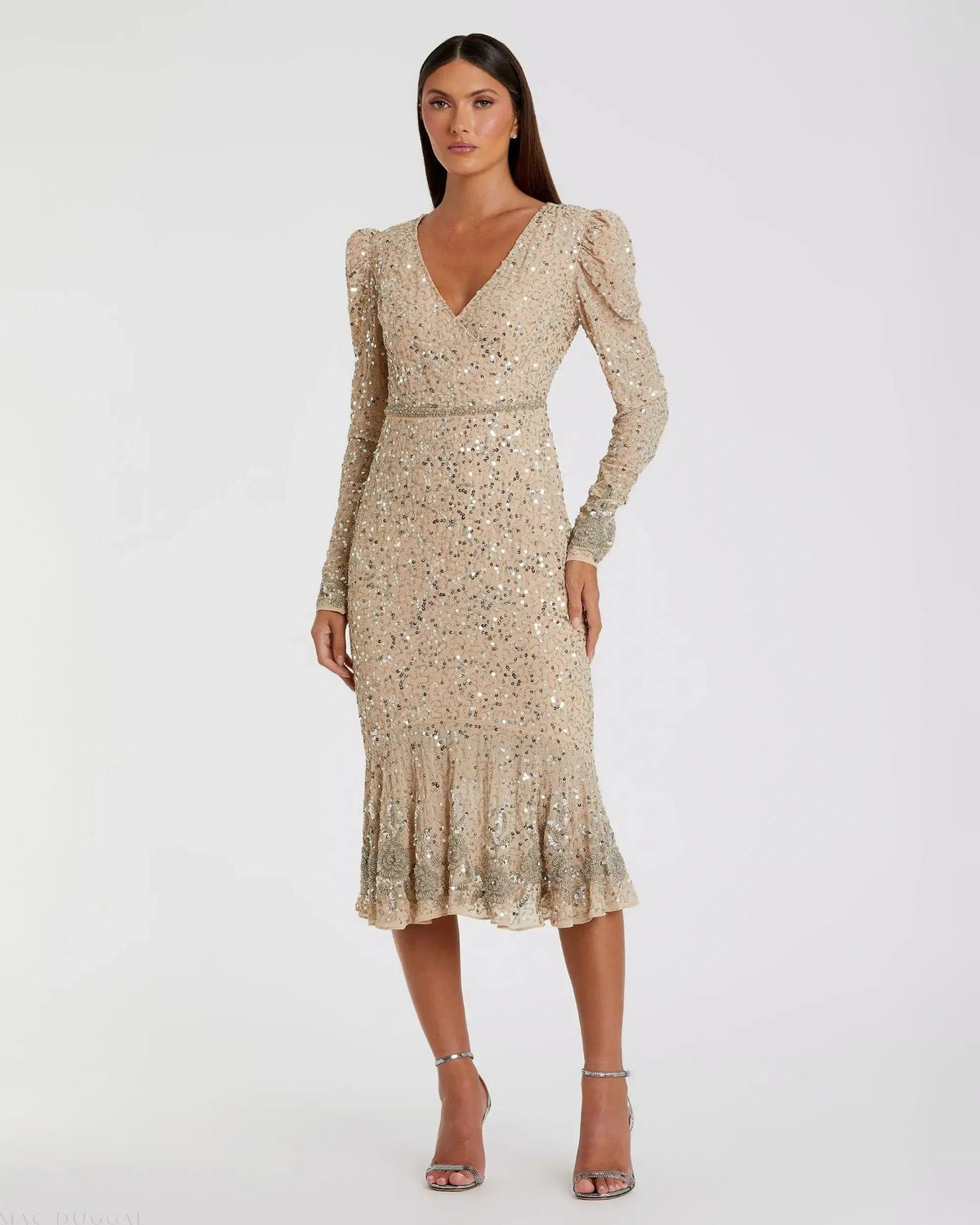 Beige Sequin Dress with Embellished Hemline and Belt