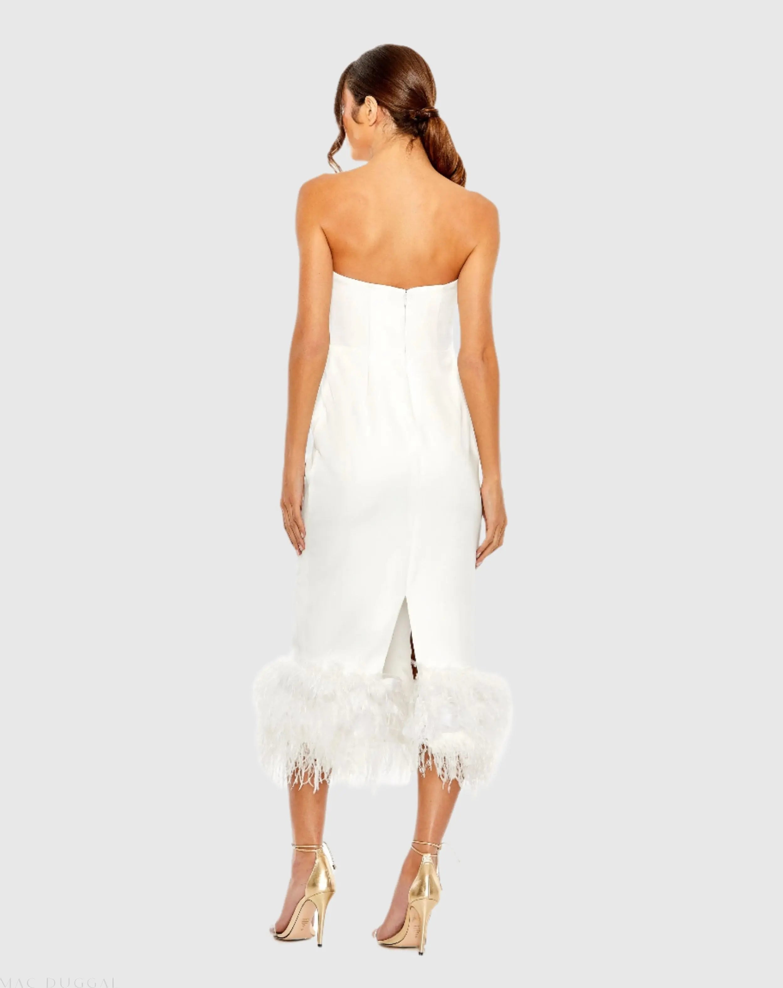 White Strapless Dress with Feather Trim