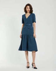 Blue Crepe 3/4 Sleeve Midi Dress With Belt And Pockets