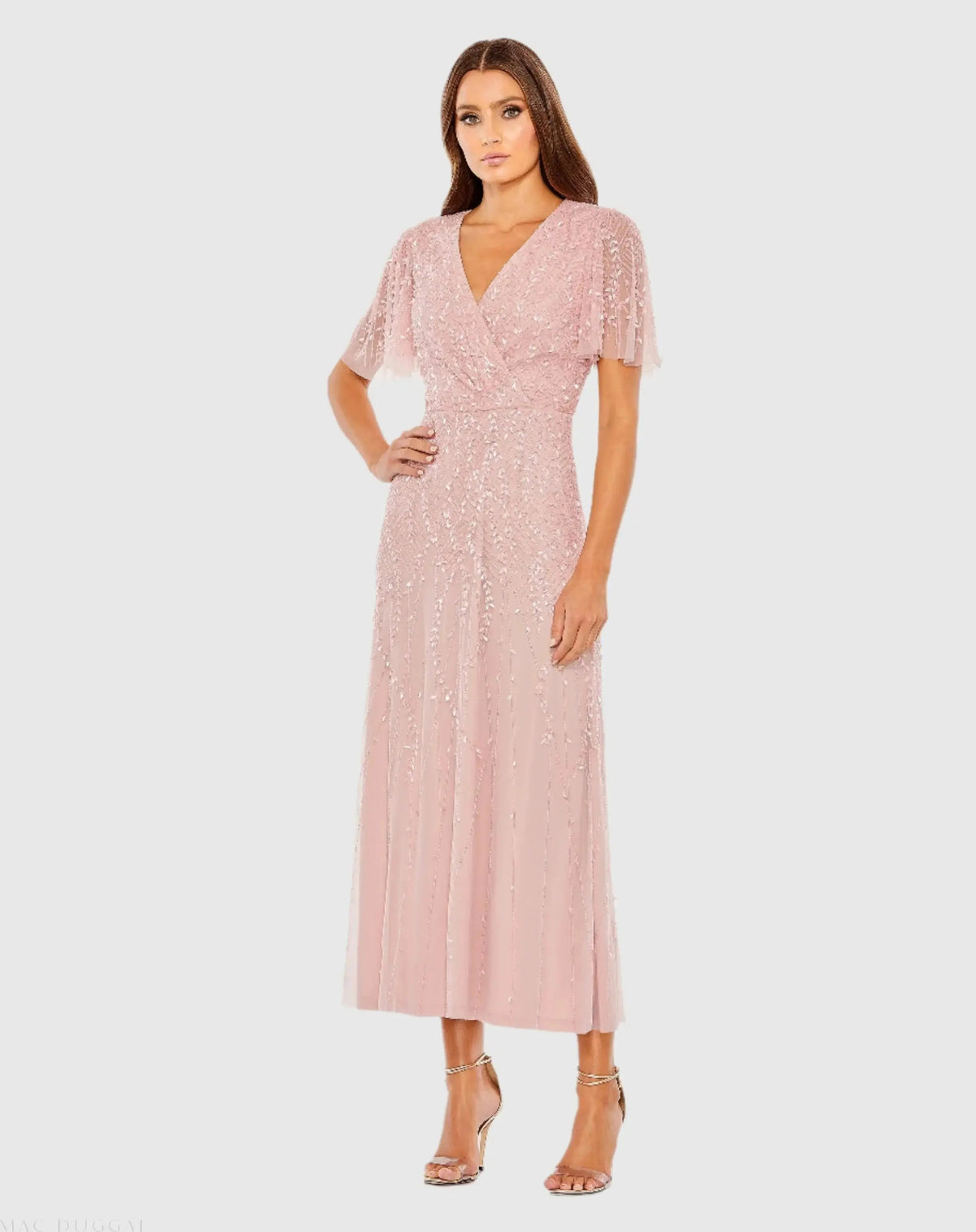 Pink Beaded Wrap Over Butterfly Sleeve Dress