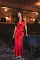 Red Fitted Satin Sleeveless Halter Gown With 3D Flower