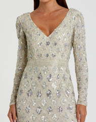 Silver Geometric Embellished Evening Gown