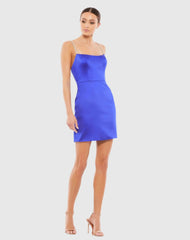 Blue Rhinestone Strap Satin Mini Dress