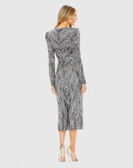 Gray Long Sleeve V Neck Beaded Cocktail Dress