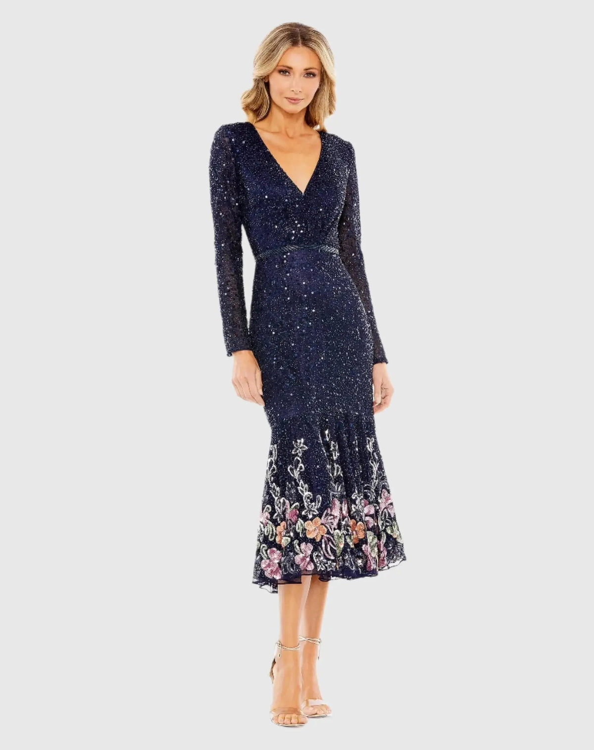 Navy Long Sleeve Faux Wrap Embellished Tea Length Dress