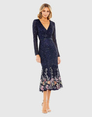 Navy Long Sleeve Faux Wrap Embellished Tea Length Dress