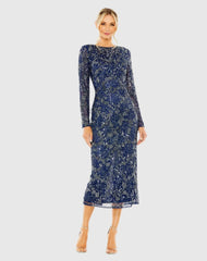 Navy High Neck Long Sleeve Embellished Dress