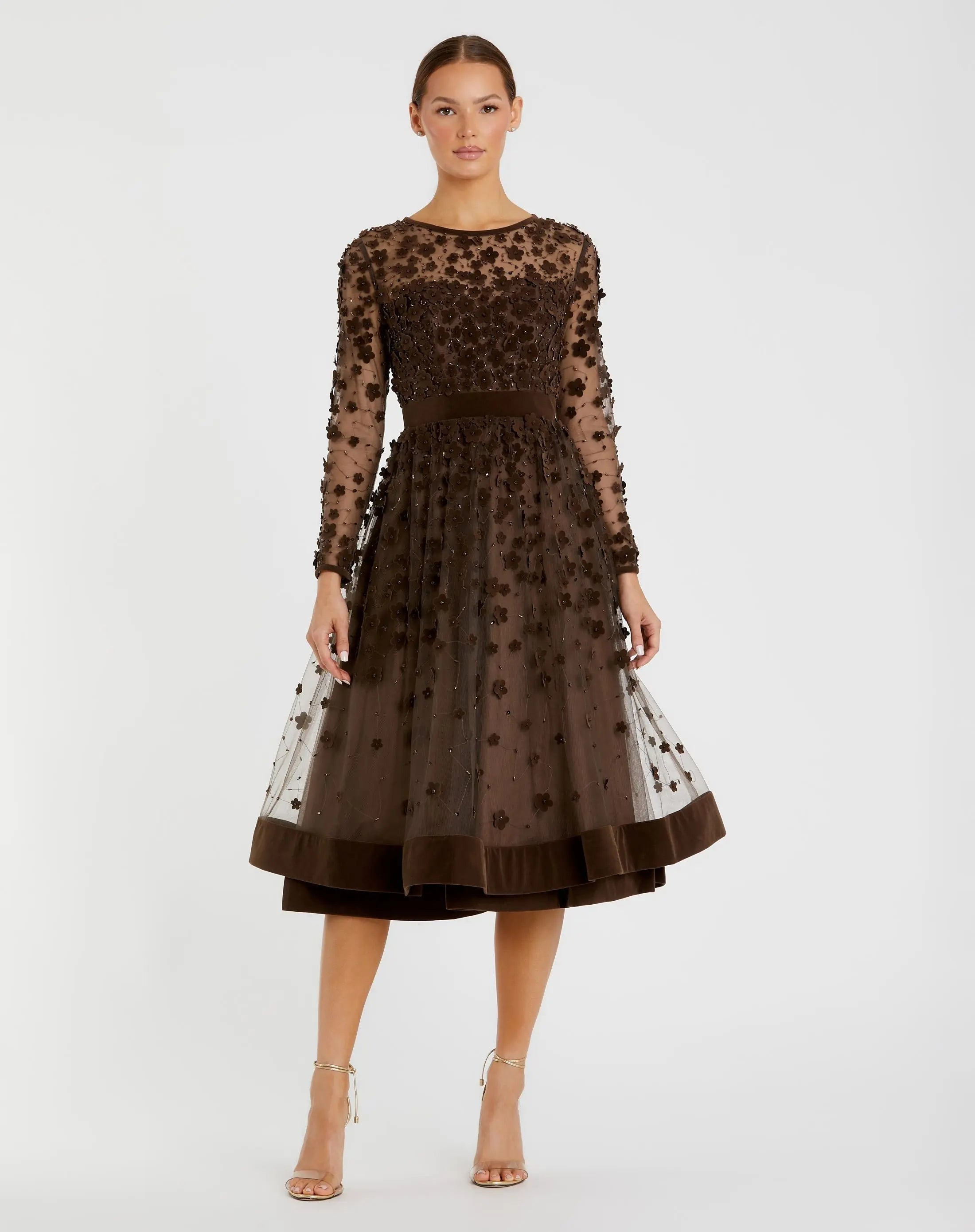 Embellished Illusion High Neck Long Sleeve Fit & Flare Dress