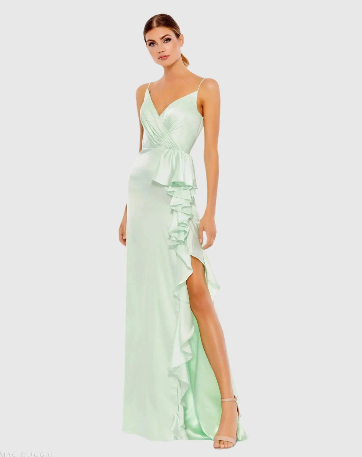 Light Green Satin Ruffled Asymmetrical Gown