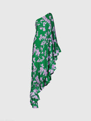 Green Printed Charmeuse One Shoulder Draped Gown
