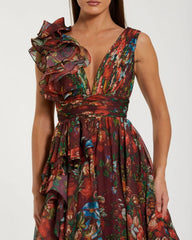 Wine Sleeveless V-Neck Floral Chiffon Ruffle Ball Gown