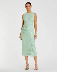 Green Striped Floral Embellished Sleeveless Midi Dress
