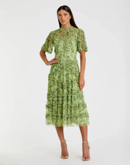 Green Illusion Floral Midi Dress with Ruffle Detailing