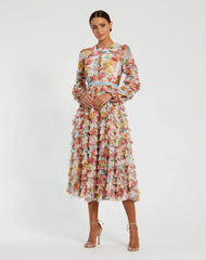 Multicolor Long Sleeve Ruffle Criss Cross Midi Dress