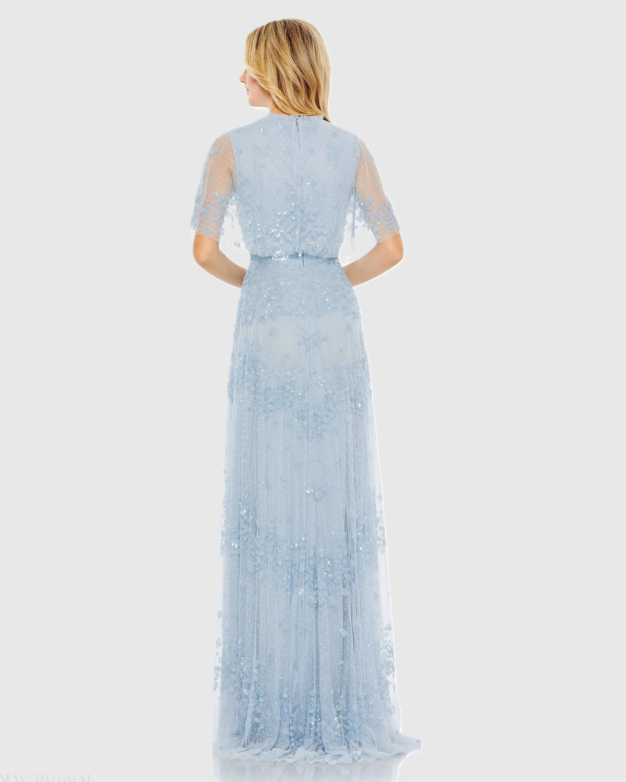 Blue Sequined High Neck Flutter Sleeve A Line Gown