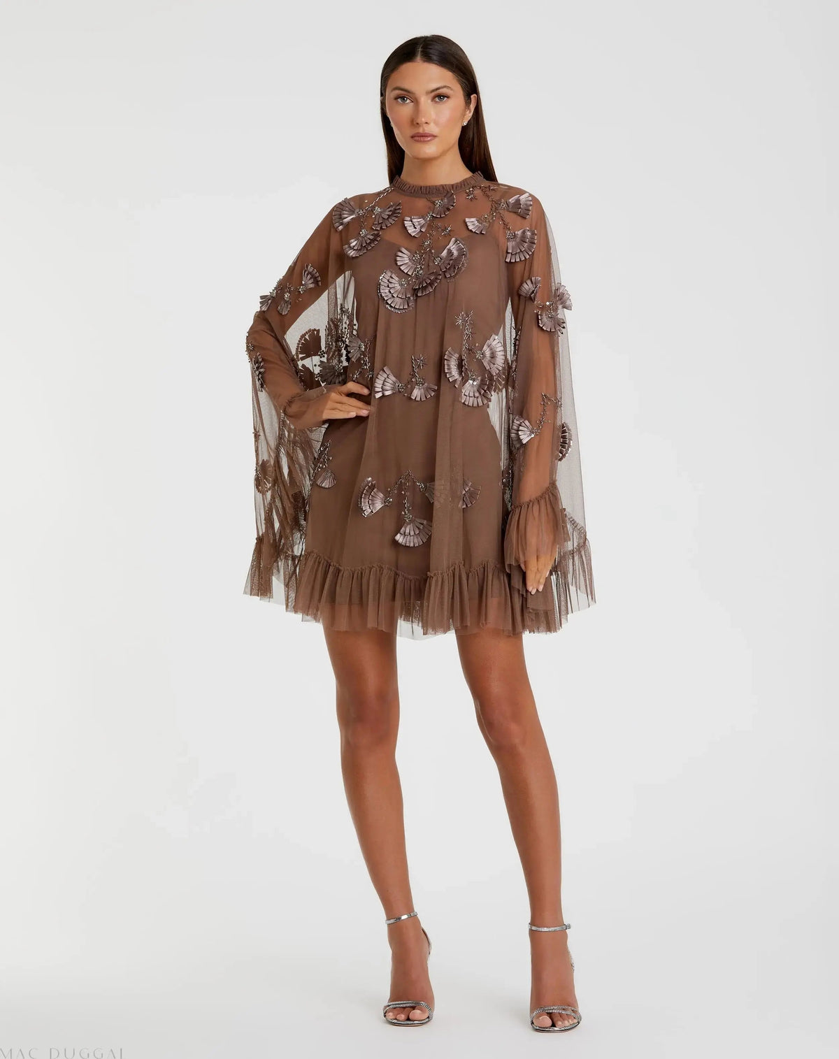 Brown Embellished Long Sleeve Trapeze Dress with Ruffle Hem