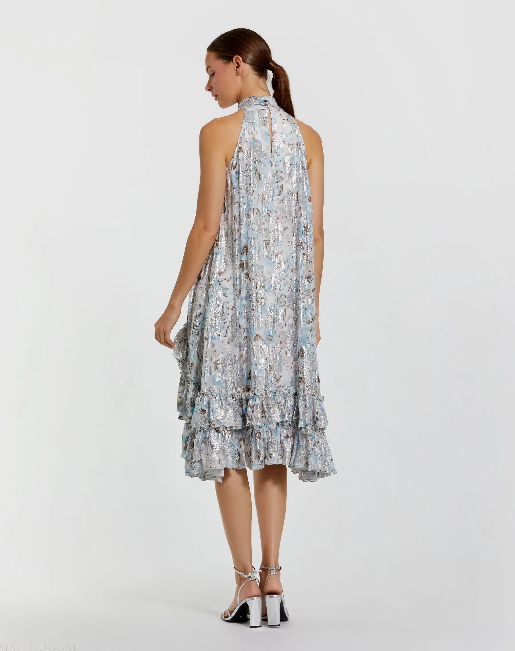 Multicolor Floral High Neck Keyhole Ruffle Mini Dress