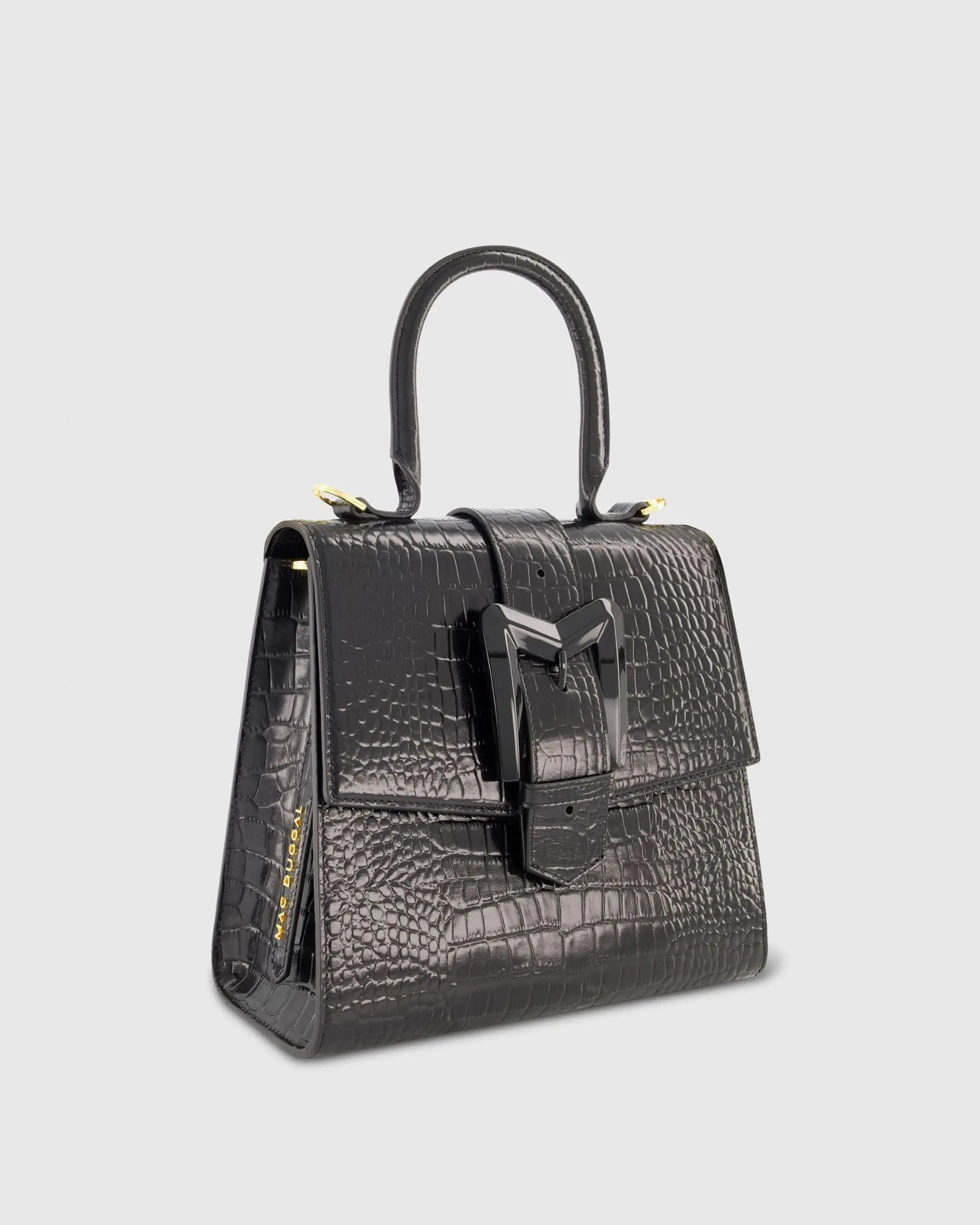 Black Buckled Medium Croco Leather Handbag with Detachable Strap
