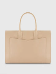 Beige Large Leather Briefcase Bag With Gold Hardware
