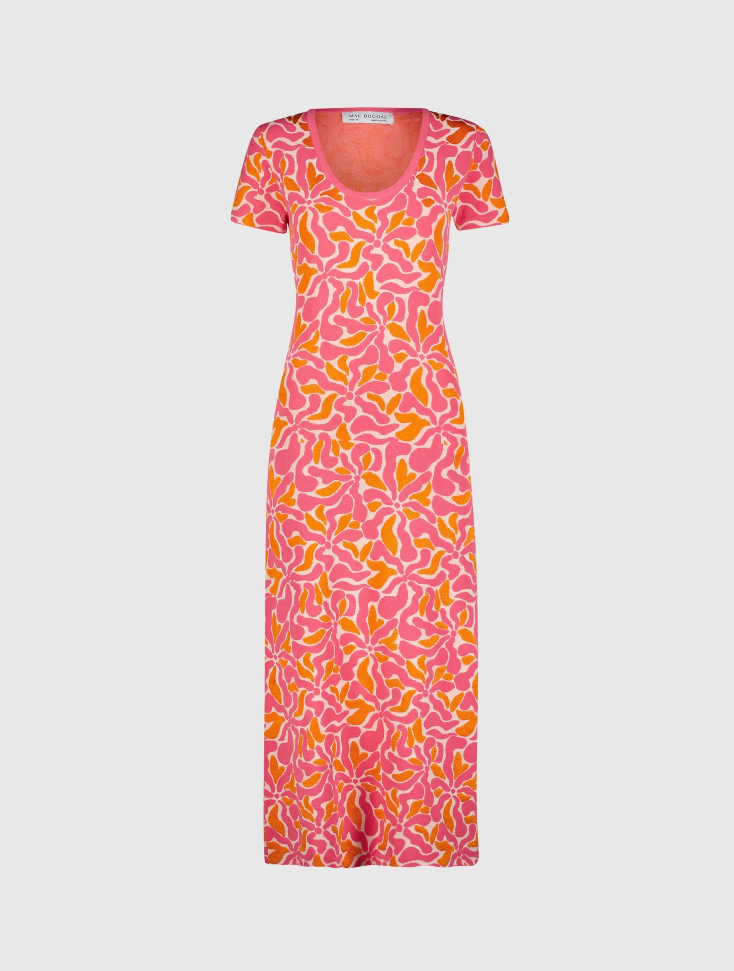Pink Short Sleeve Scoop Neck Floral Knit Maxi Dress