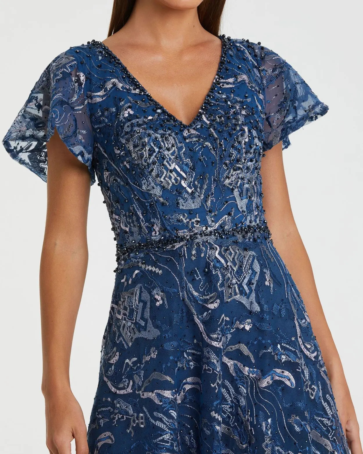 Navy Embellished Illusion Butterfly Sleeve A-Line Gown